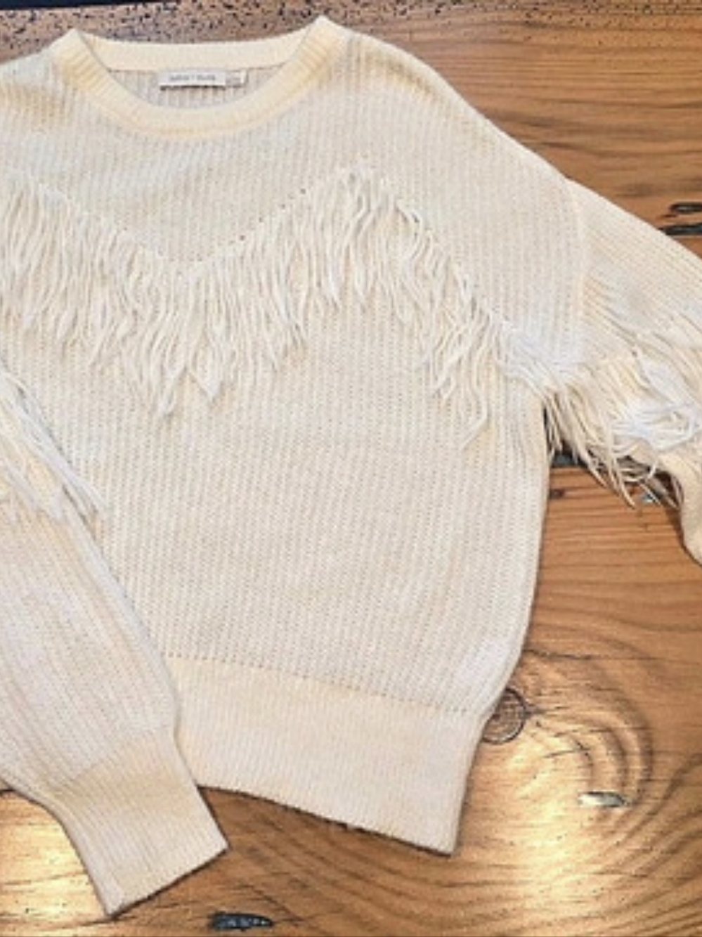 bishop + young Fringe Detail Sweater Fringe Knit Sweater in Cream Size Lg